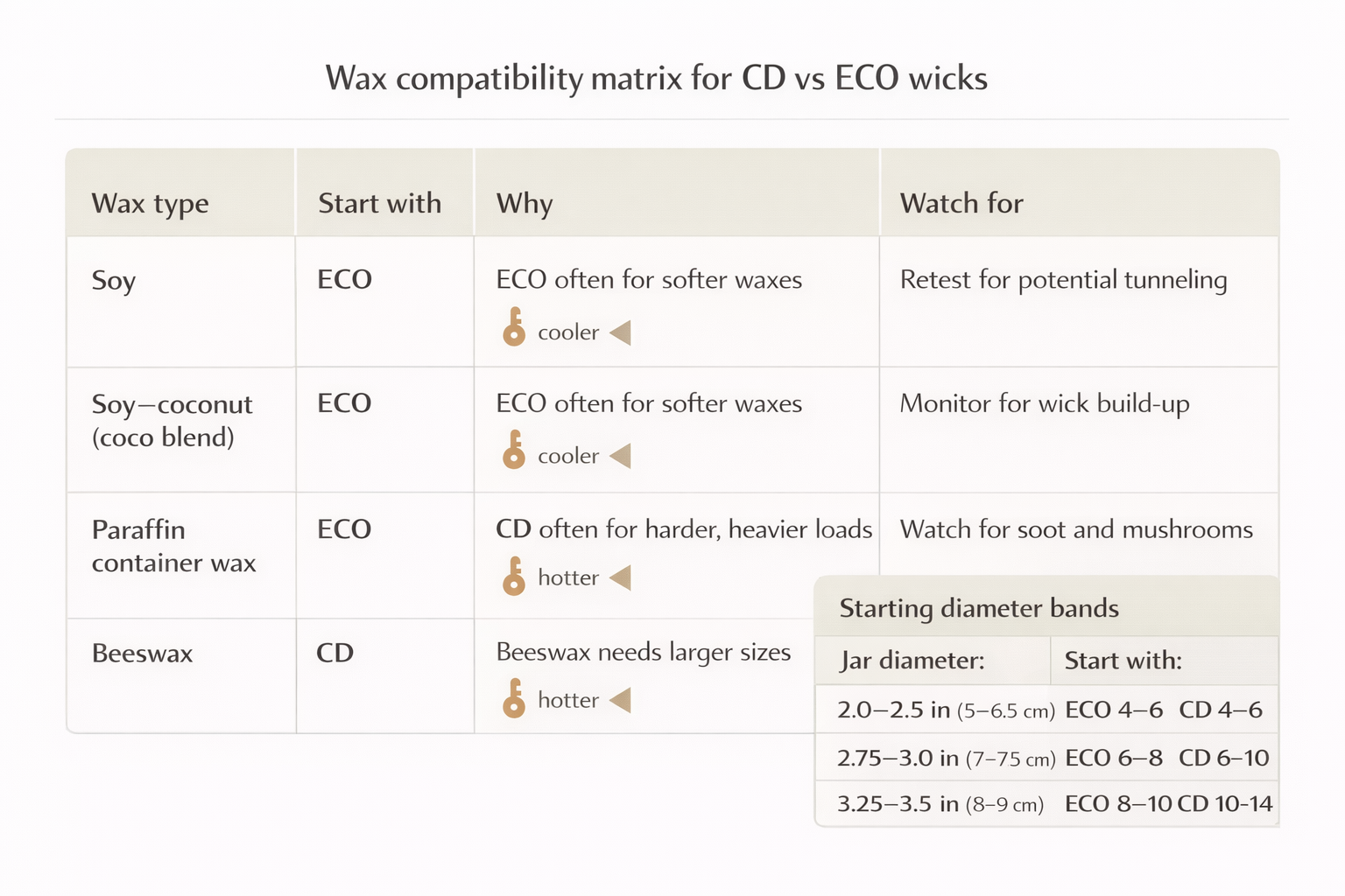 Matrix showing how CD and ECO wicks typically fit soy, soy-coconut, paraffin, and beeswax container candles