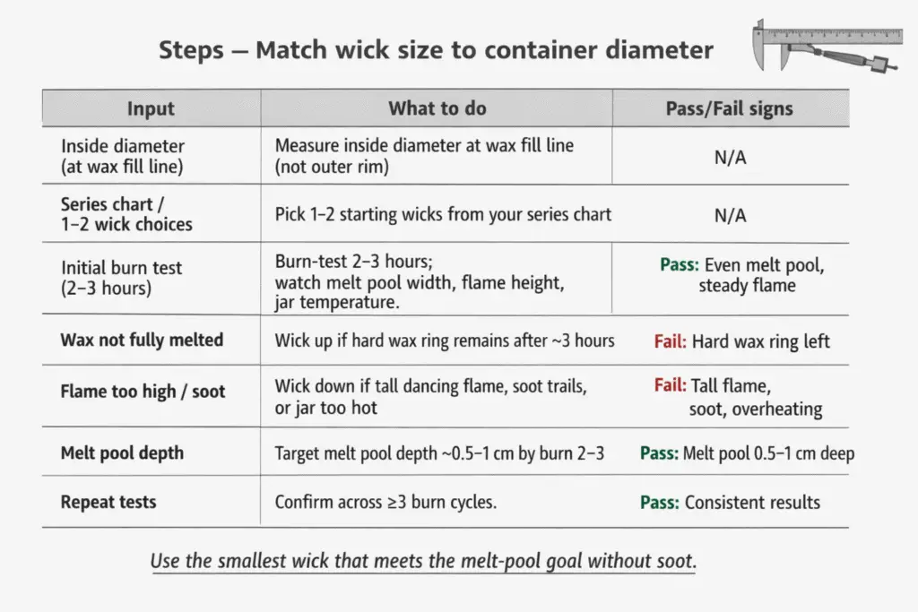 Candle making + Wick sizing steps + Container diameter and melt-pool checks