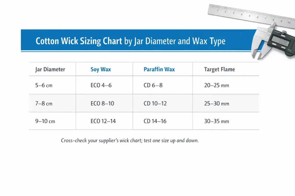 Candle Making + Wick sizing chart + diameter-to-wick mapping