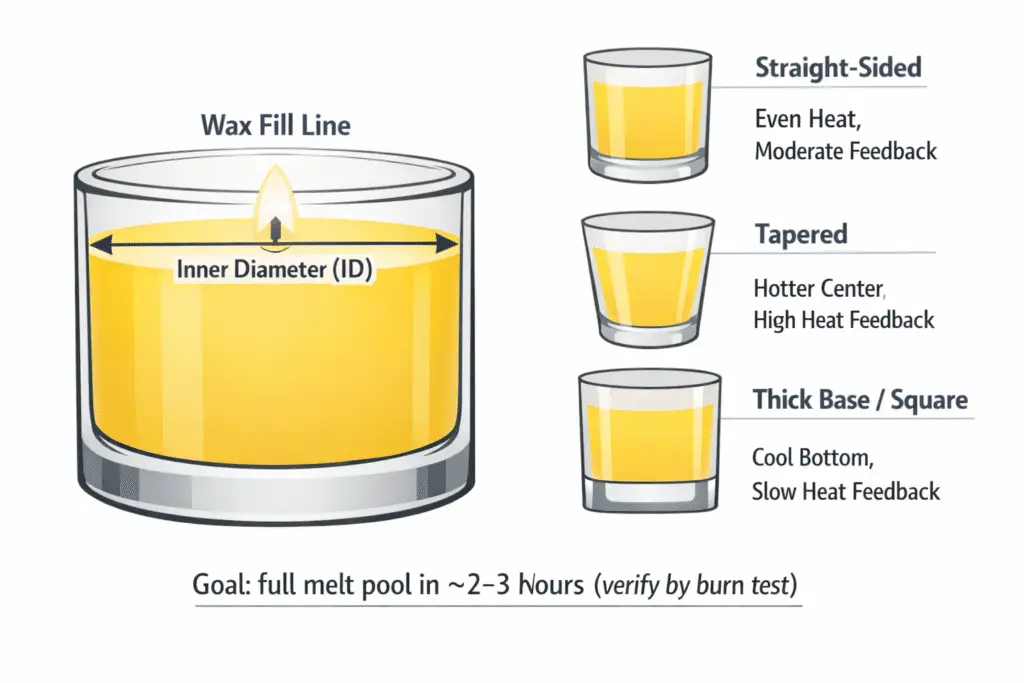 Diagram showing jar inner diameter and container geometry for wick sizing