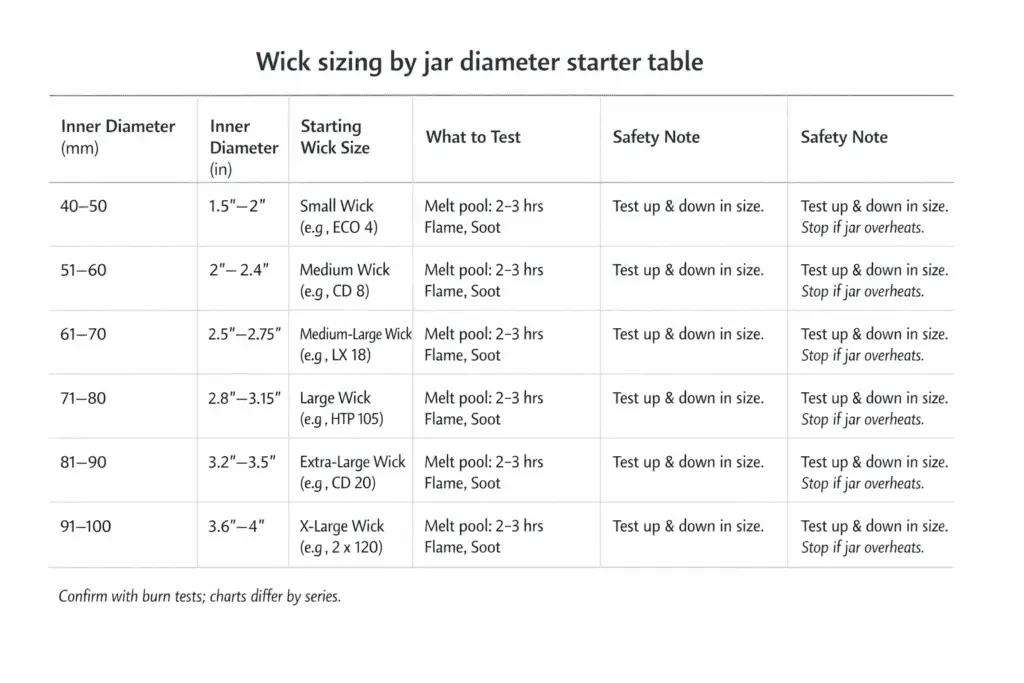 Candle making — Wick sizing — Diameter to starter size