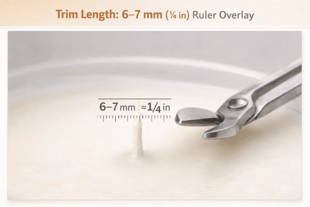 candle care wick trimming and 6–7 mm ruler overlay
