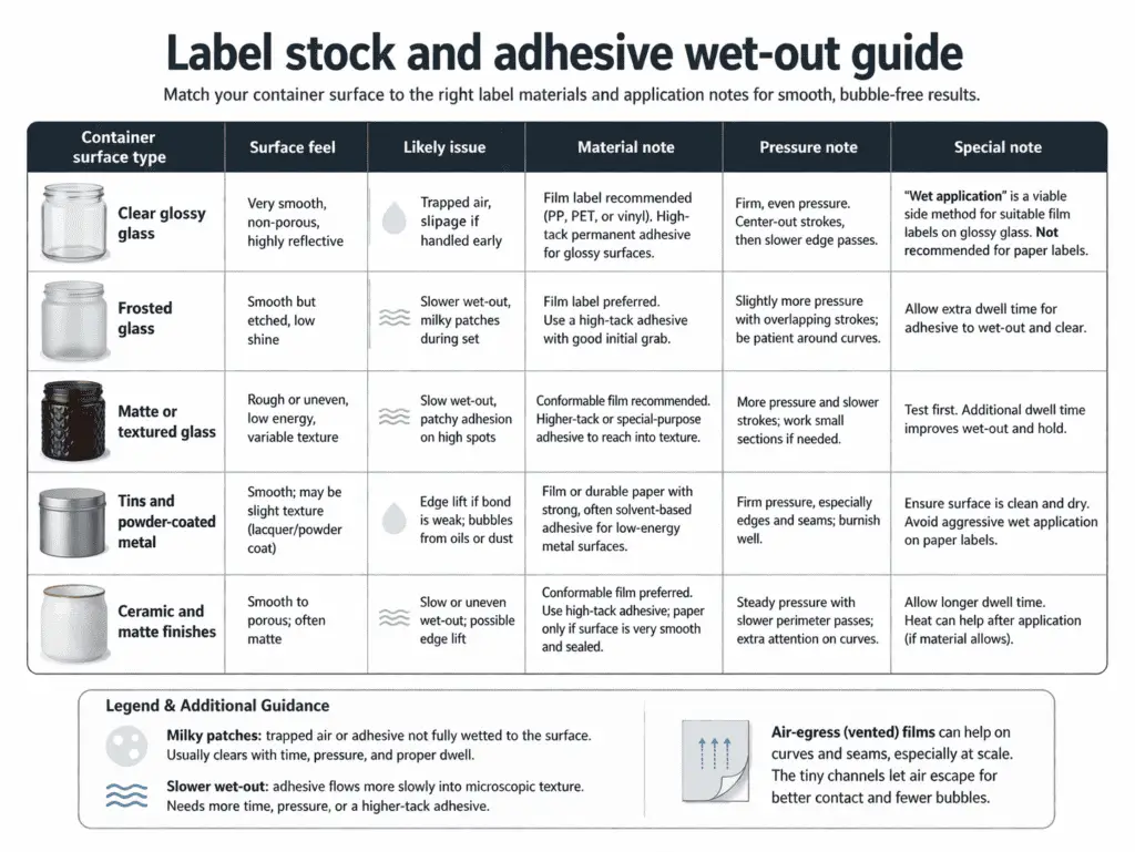 label stock choices and adhesive wet-out by container surface