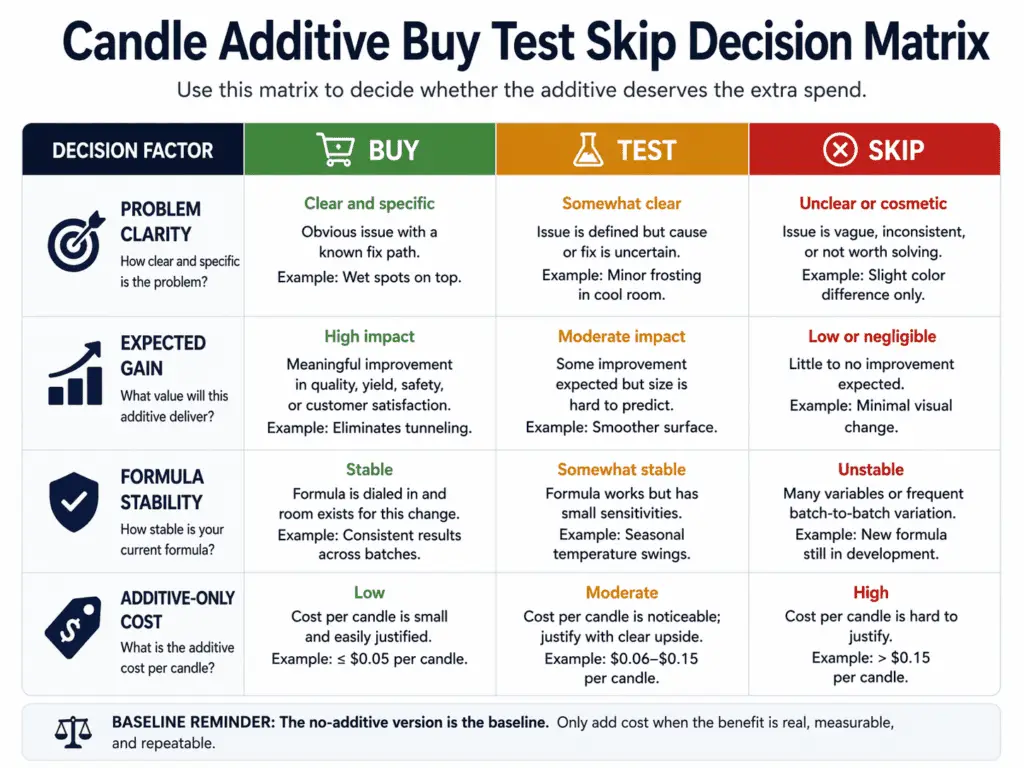 additive outcome and tradeoff buy-test-skip matrix