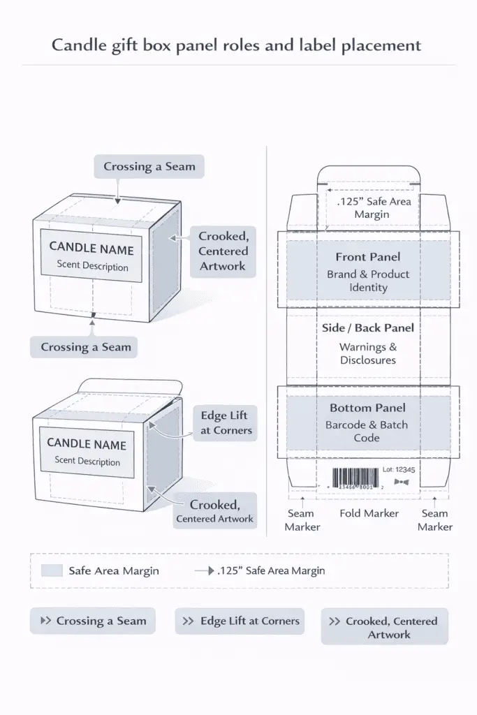 candle gift box panel roles and label placement safe areas
