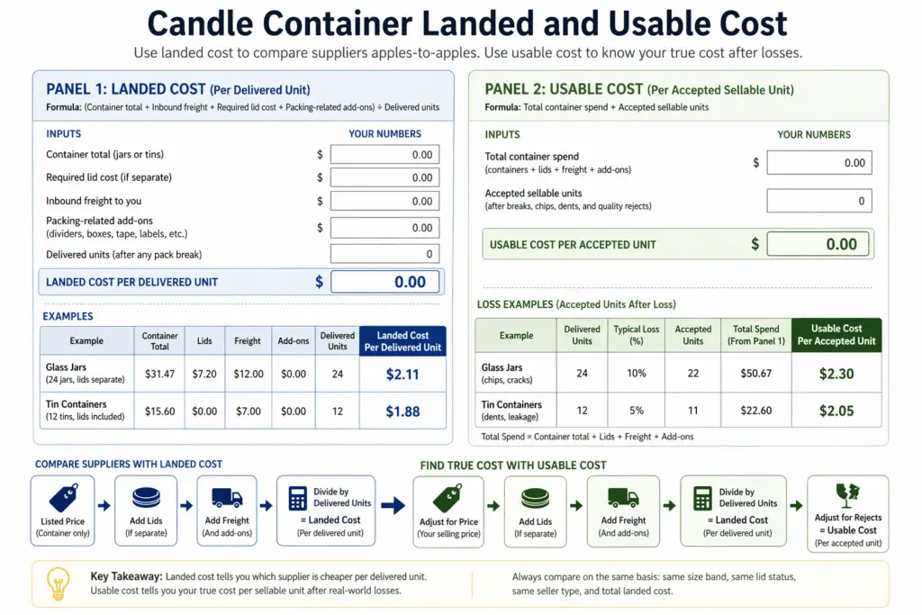 candle container landed and usable cost worksheet with lids freight and rejects
