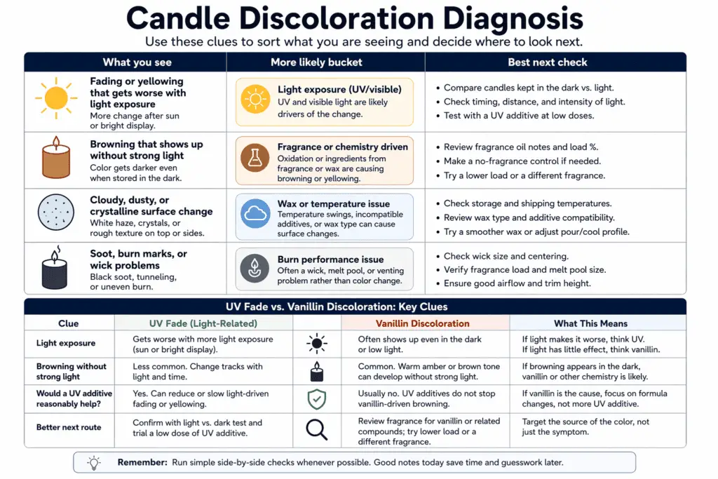 candle discoloration diagnosis and UV versus vanillin clues