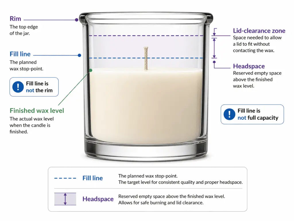 candle jar cross-section and fill line and headspace labels