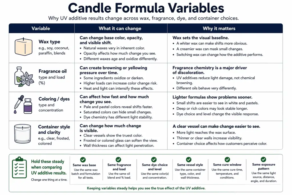 candle formula variables and discoloration response