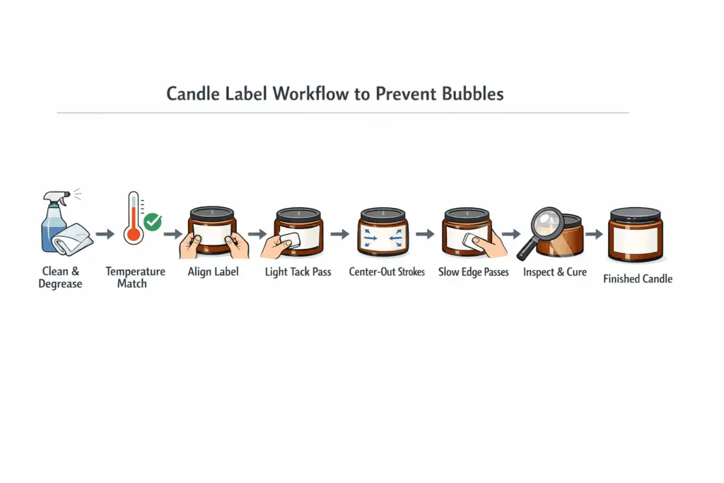 candle label workflow and bubble-prevention steps