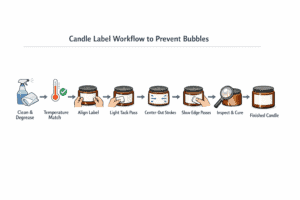 candle label workflow and bubble-prevention steps