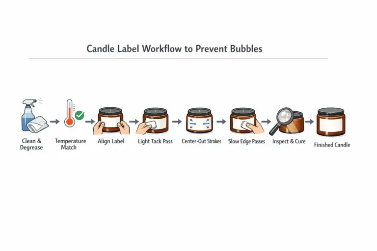 candle label workflow and bubble-prevention steps