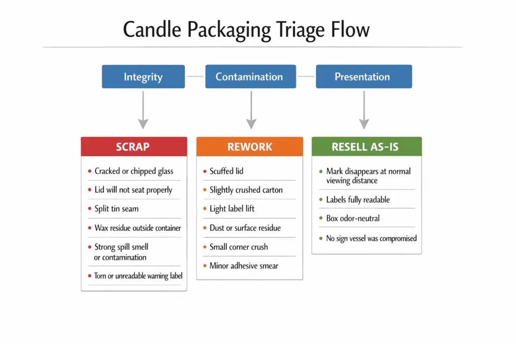 candle packaging triage and sell-rework-scrap flow