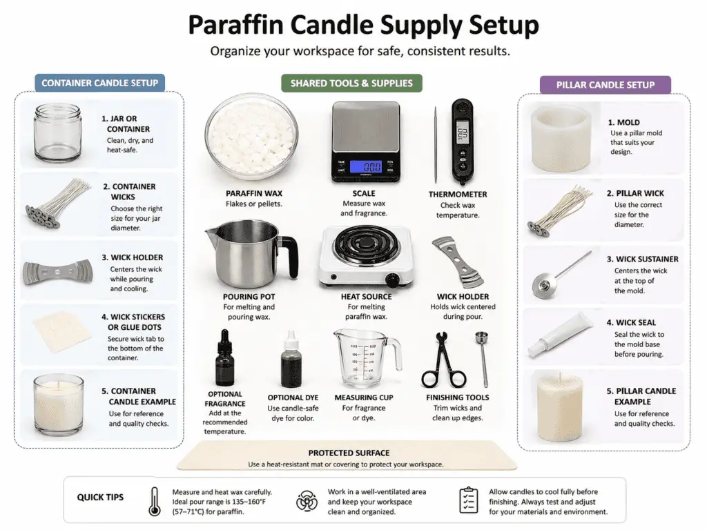 paraffin candle supplies and workspace setup