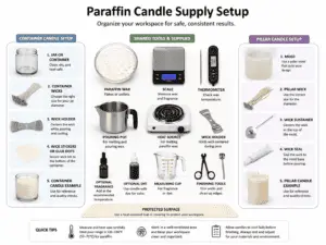 paraffin candle supplies and workspace setup