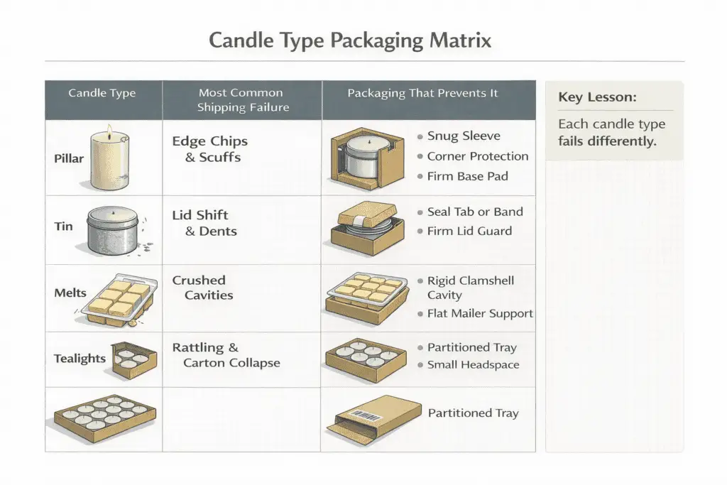 candle type and shipping failure packaging matrix