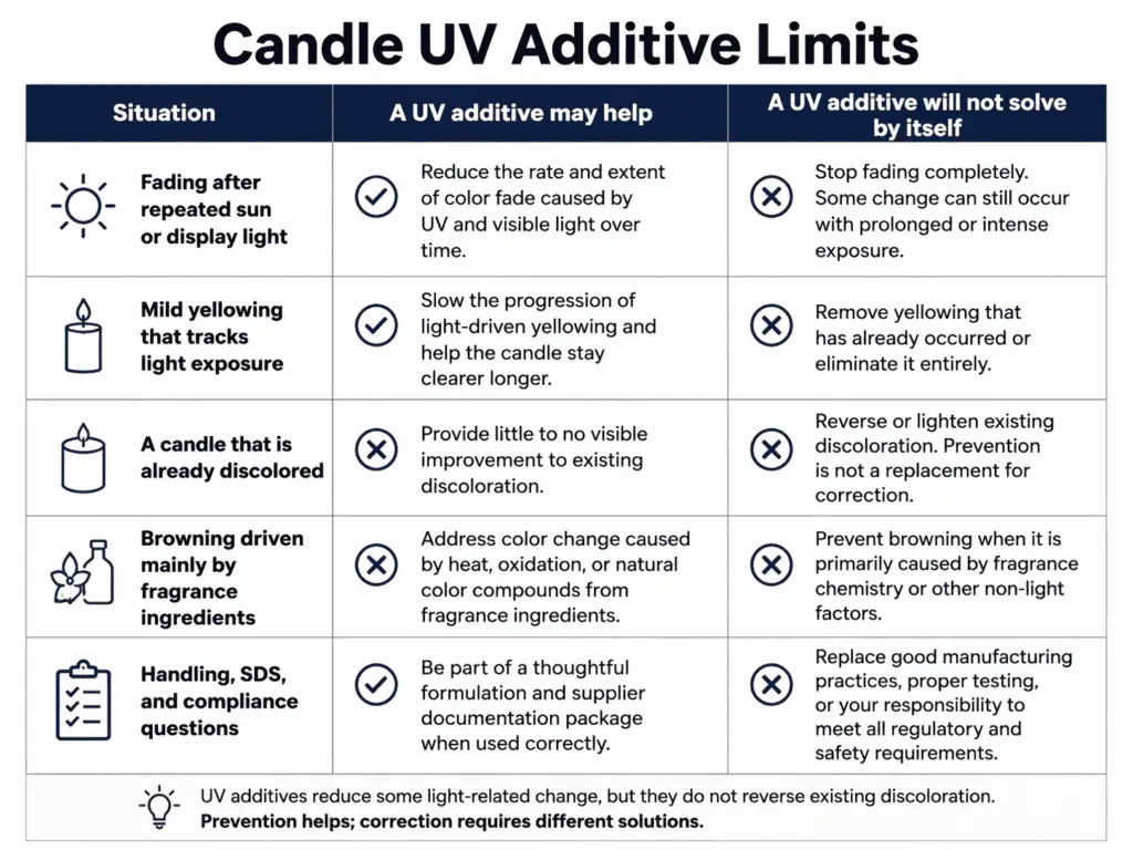 candle UV additive limits and discoloration causes