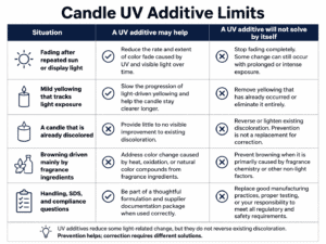 candle UV additive limits and discoloration causes