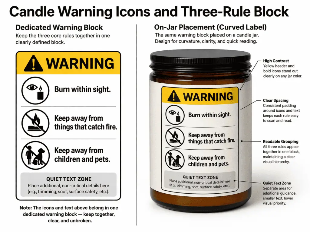 candle warning icons and three-rule block