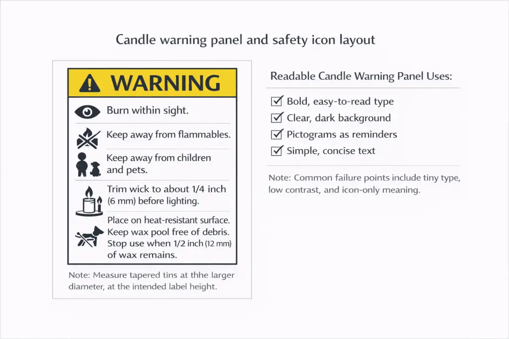 candle warning panel and safety icon layout
