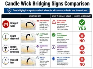 Candle wick bridging signs explaining causes and solutions for bridging issues.