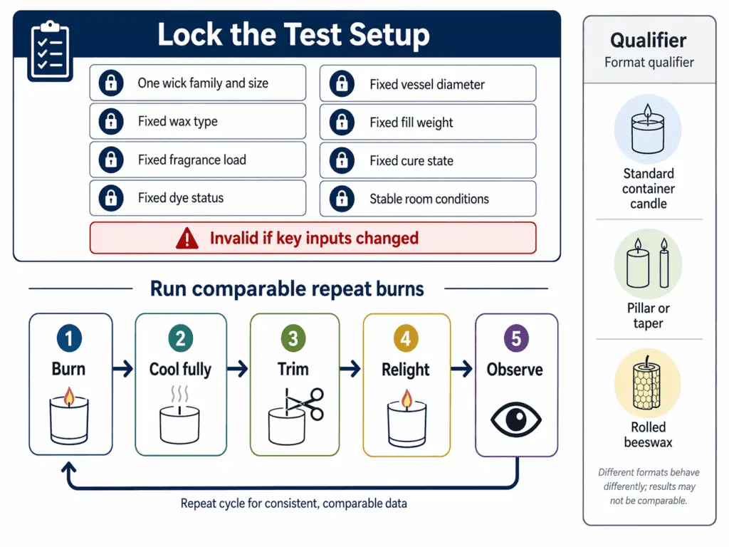 candle wick burn test setup and repeat-burn checklist
