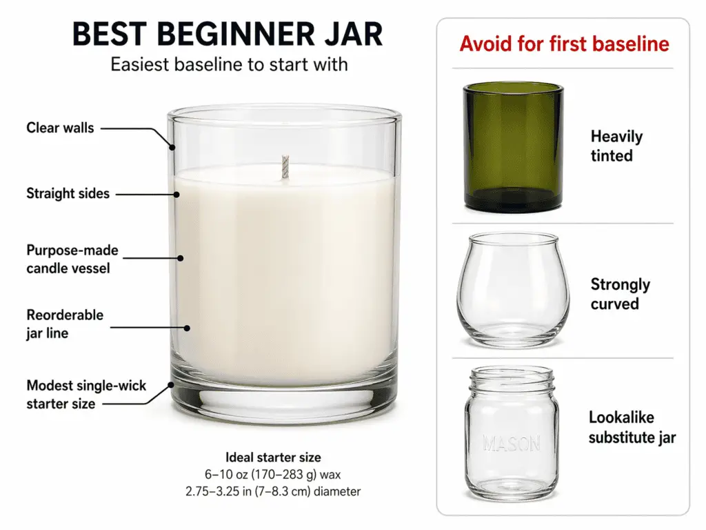 clear straight-sided candle jar and modest single-wick starter profile