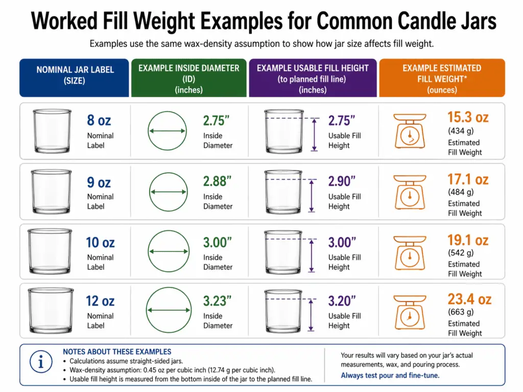 common candle jar sizes and example fill weights