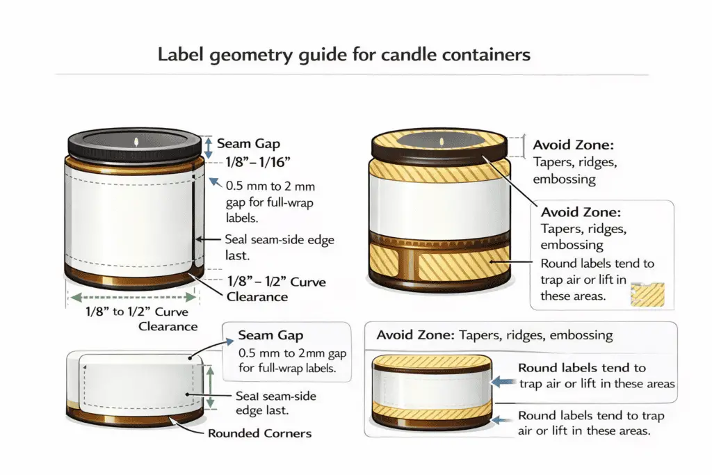 label placement zones and seam gap on candle containers