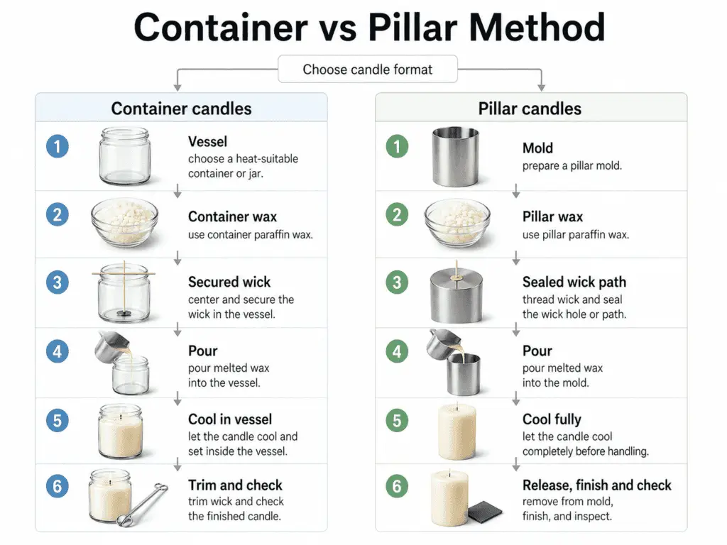 container and pillar paraffin candle method