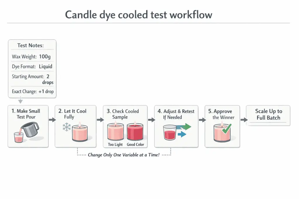 candle dye cooled test workflow and side-by-side sample check