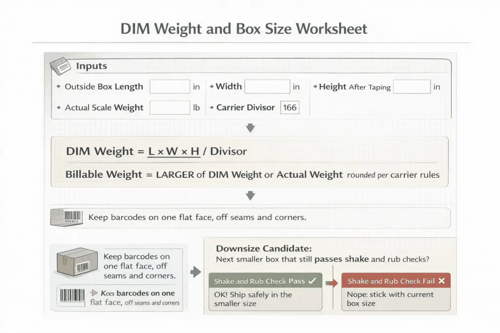 box size and DIM weight worksheet