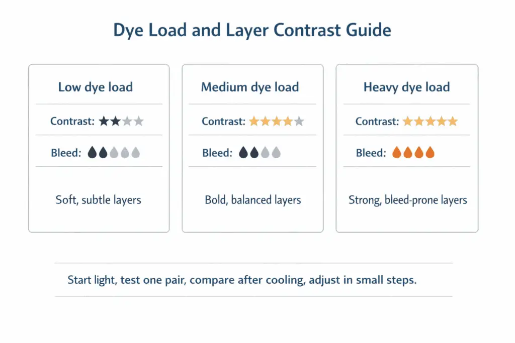 dye load contrast and bleed risk across low medium and heavy layers