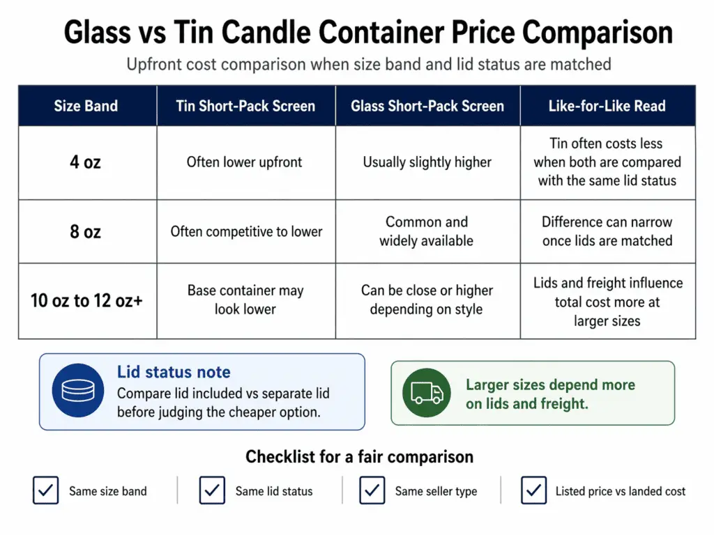glass and tin candle container price comparison by size and lid status