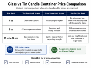 glass and tin candle container price comparison by size and lid status
