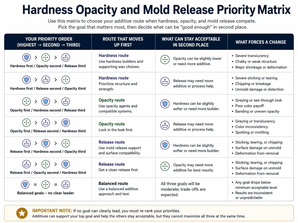 hardness opacity and mold release priority matrix