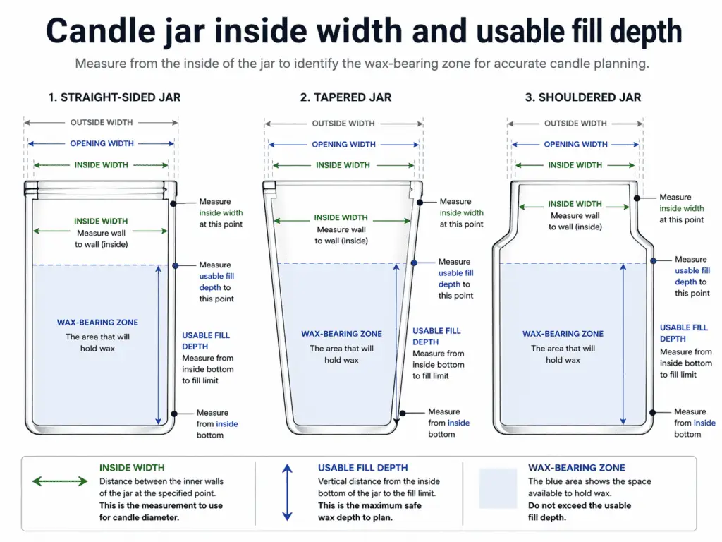 candle jar inside width and usable fill depth diagram