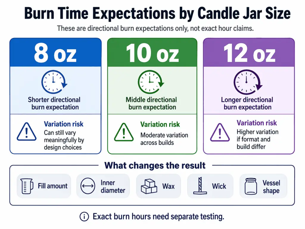 candle jar burn expectation bands for 8 oz and 10 oz and 12 oz with variation risk