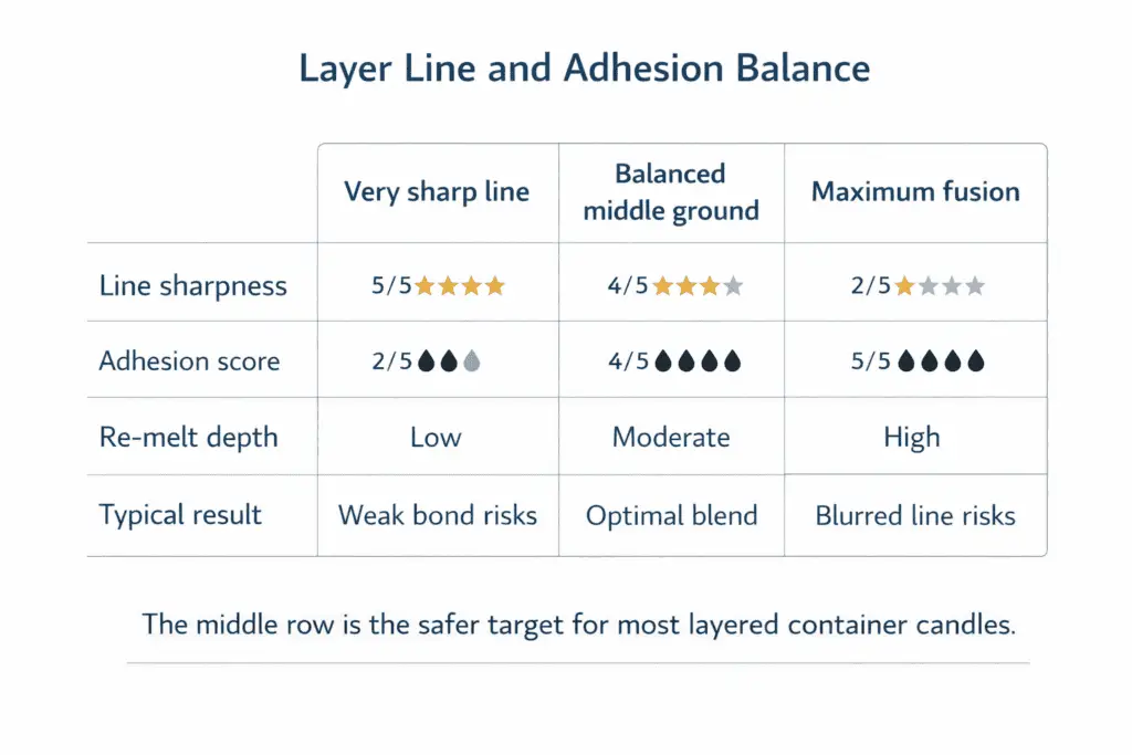 layer line sharpness and adhesion balance across crisp balanced and fused states