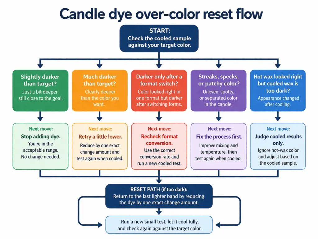 candle dye over-color reset flow and cooled sample decision path