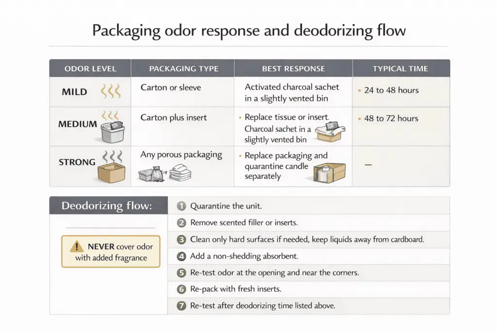 candle packaging odor levels and deodorizing responses