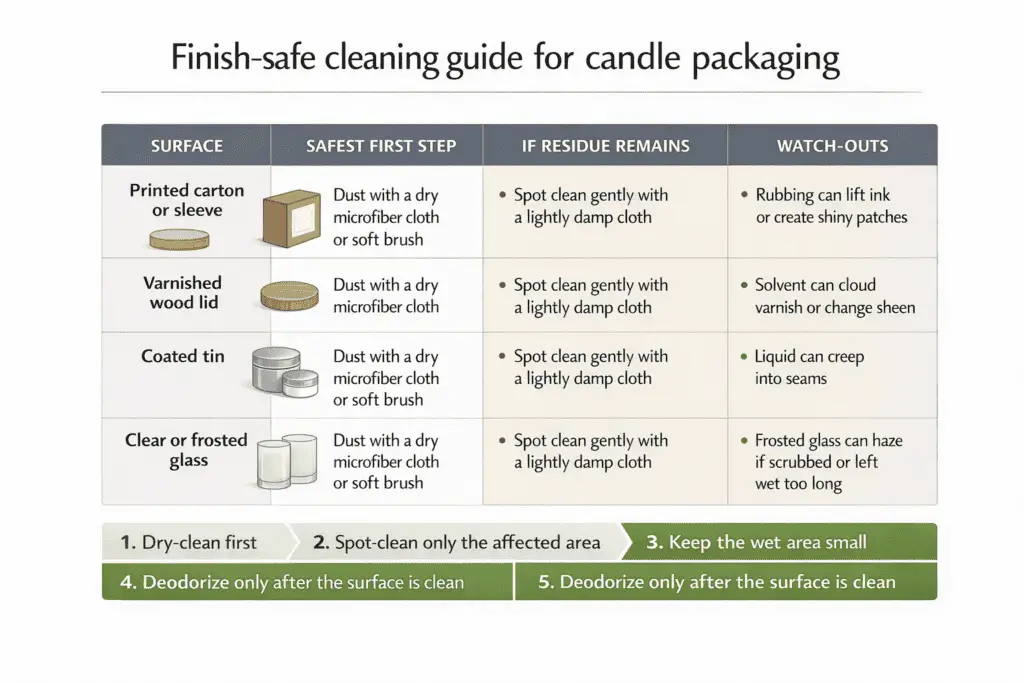 candle packaging surfaces and finish-safe cleaning steps