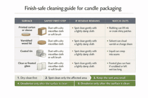 candle packaging surfaces and finish-safe cleaning steps