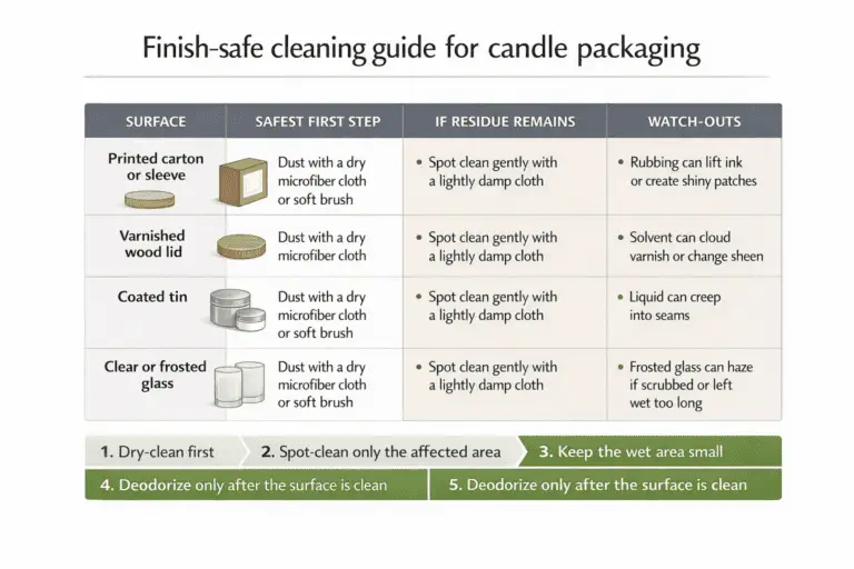 candle packaging surfaces and finish-safe cleaning steps