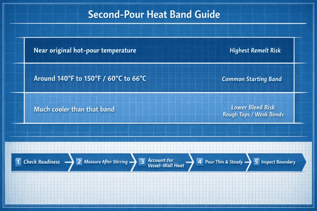 second pour heat and remelt risk across hot middle and cool bands