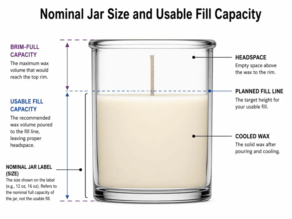 candle jar label size and usable fill capacity with headspace