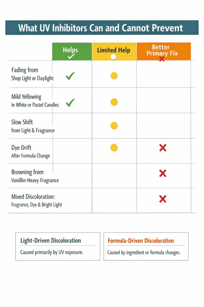 UV inhibitor limits and discoloration causes