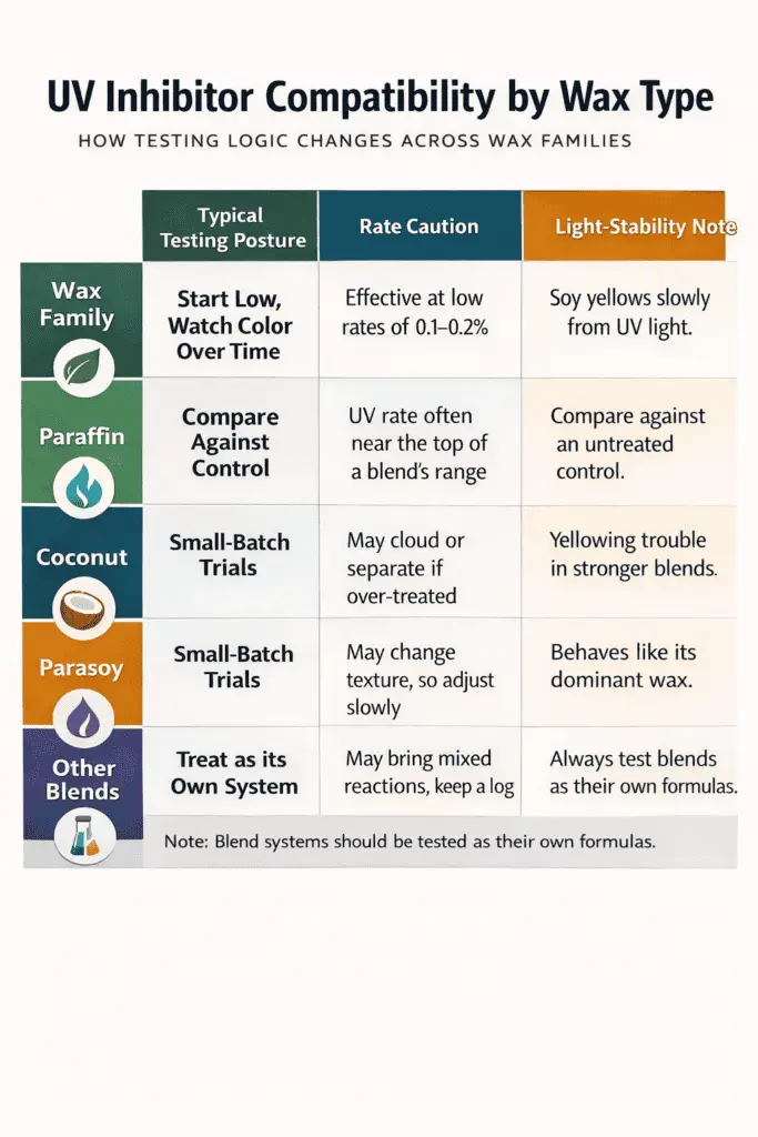 UV inhibitor compatibility and wax types