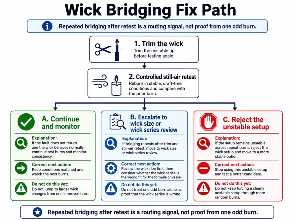 wick bridging fix path and trim retest escalation