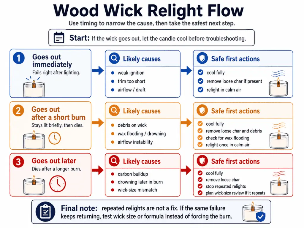 wood wick relight flow and failure signals